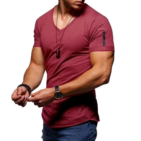 Heren T-shirt Korte Mouw met V-hals en Rits op de Mouw Slim Fit Bordeauxrood