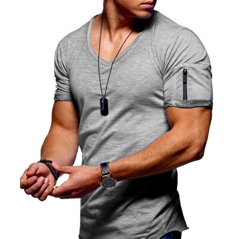 Heren T-shirt Korte Mouw met V-hals en Rits op de Mouw Slim Fit Lichtgrijs