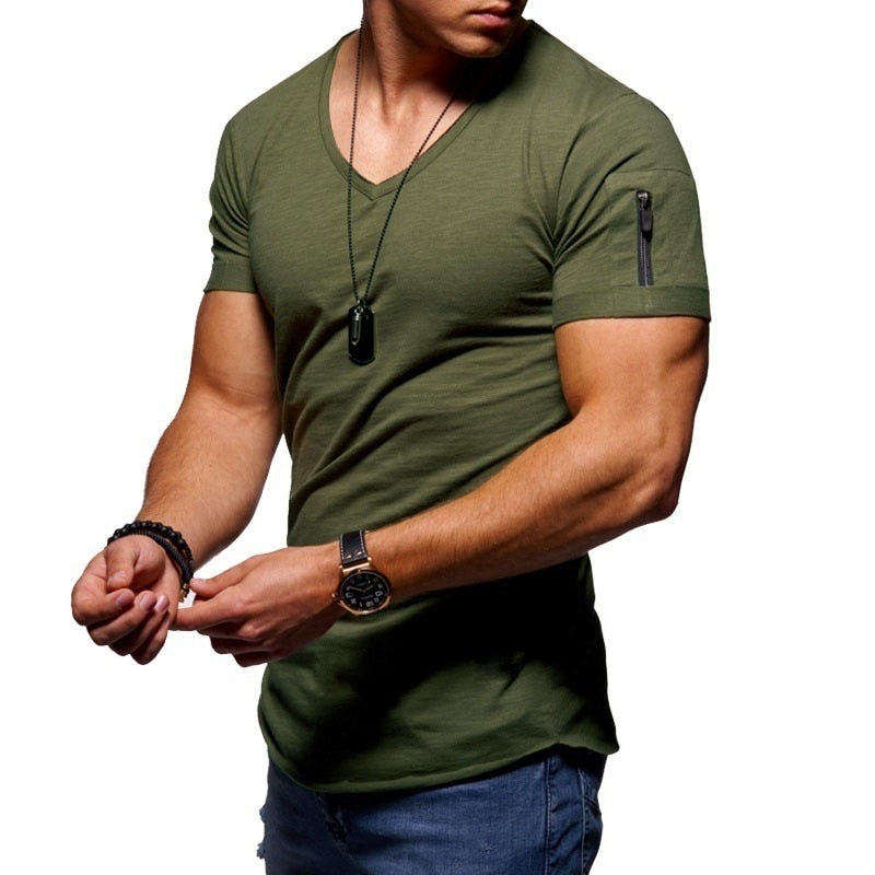 Heren T-shirt Korte Mouw met V-hals en Rits op de Mouw Slim Fit Legergroen