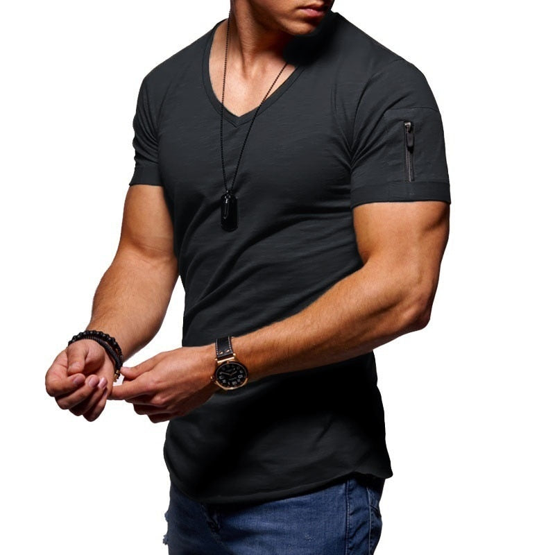Heren T-shirt Korte Mouw met V-hals en Rits op de Mouw Slim Fit Zwart