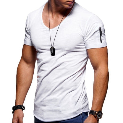 Heren T-shirt Korte Mouw met V-hals en Rits op de Mouw Slim Fit Wit