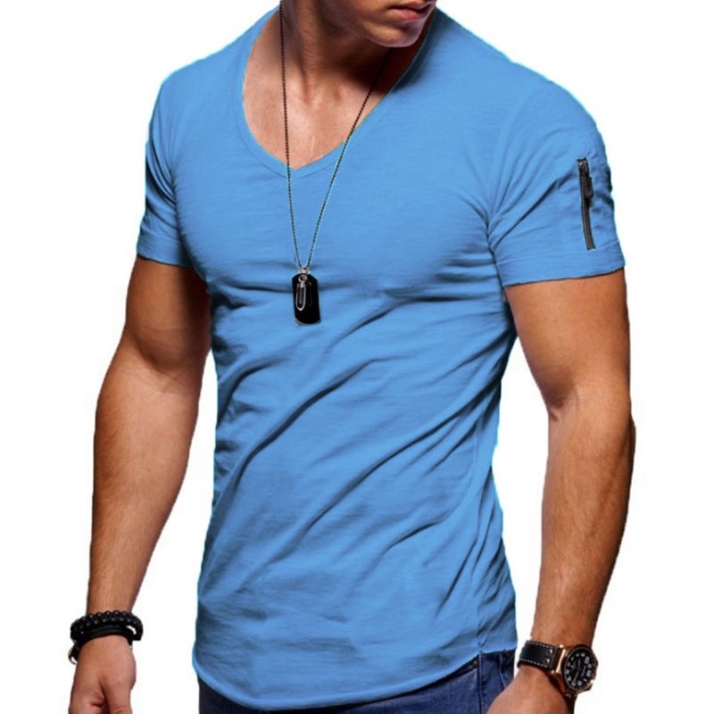 Heren T-shirt Korte Mouw met V-hals en Rits op de Mouw Slim Fit Lichtblauw