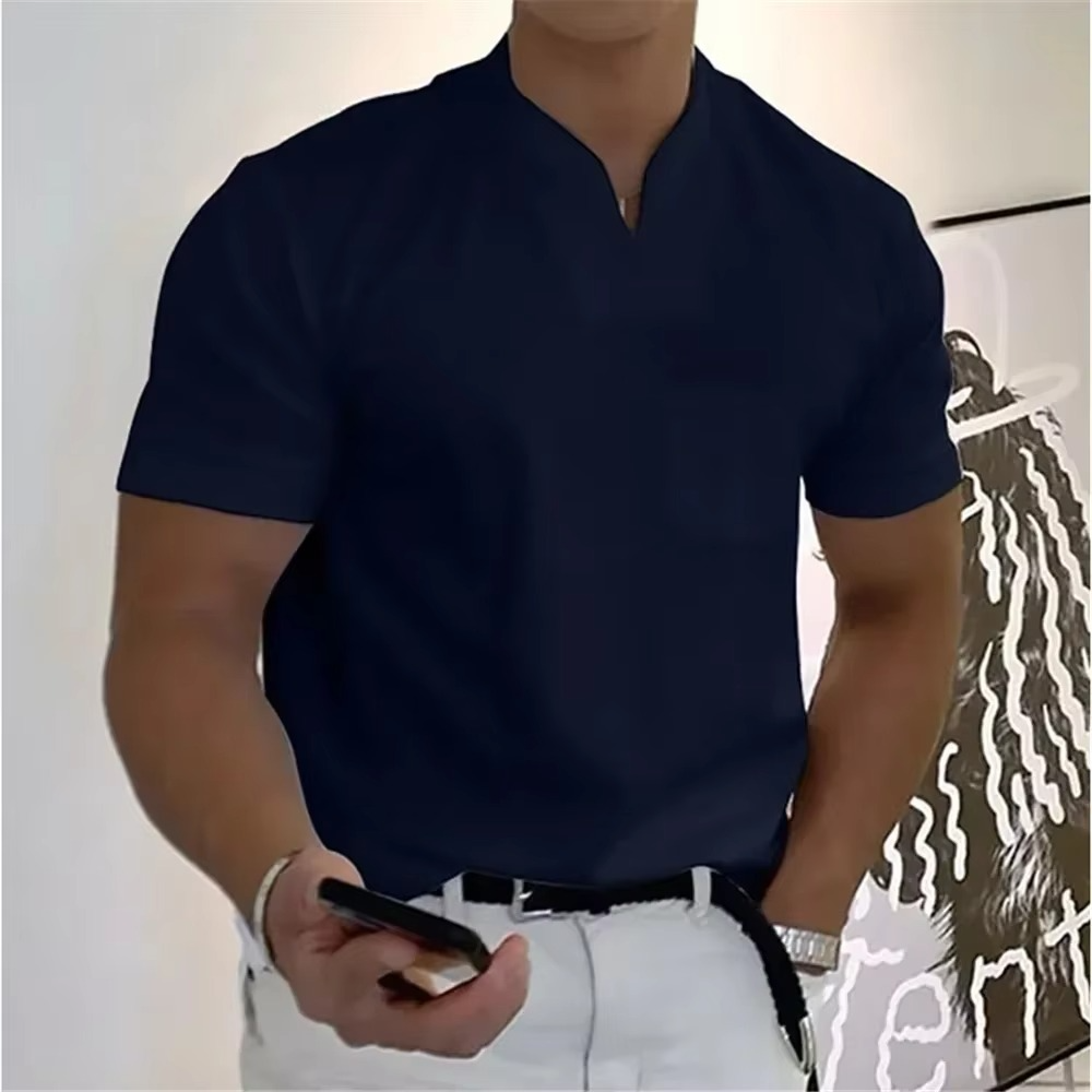 Heren T-Shirt Korte Mouw met V-hals en Slim Fit Marineblauw