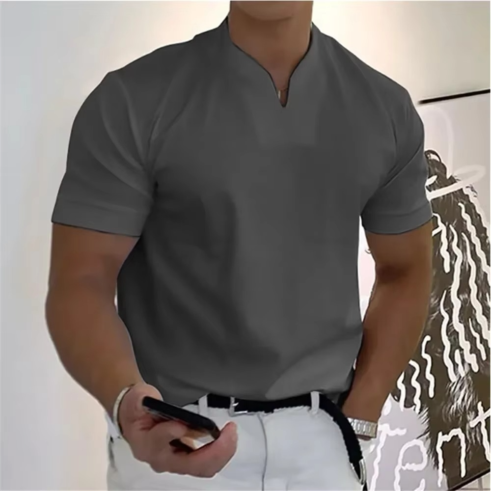 Heren T-Shirt Korte Mouw met V-hals en Slim Fit Grijs
