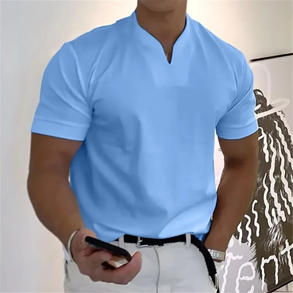 Heren T-Shirt Korte Mouw met V-hals en Slim Fit Blauw