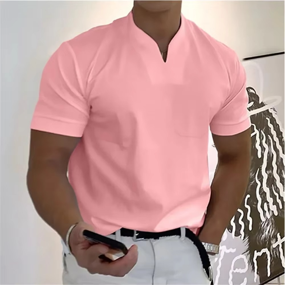 Heren T-Shirt Korte Mouw met V-hals en Slim Fit Roze