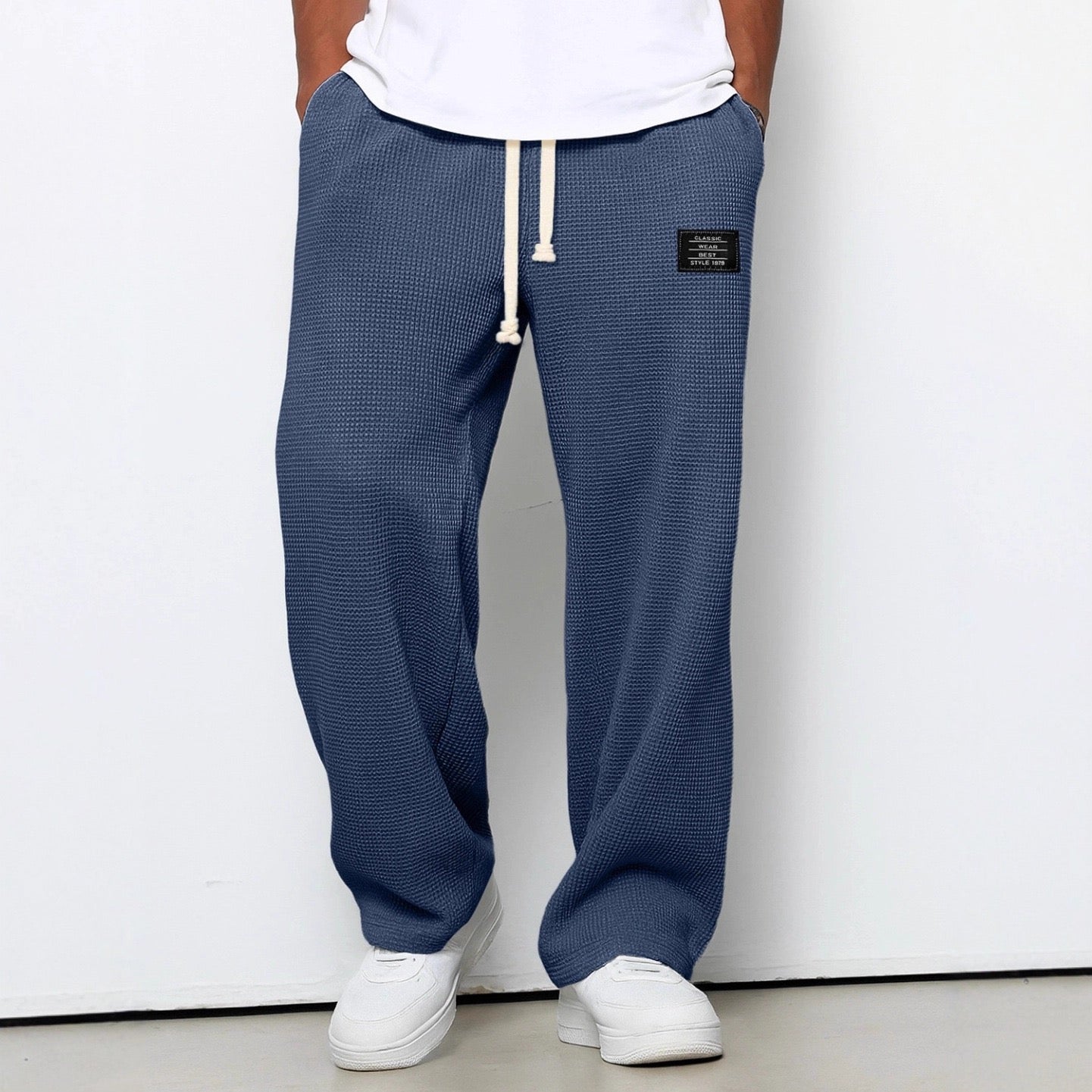 Heren Wijde Broek met Wafelstructuur en Trekkoord Blauw
