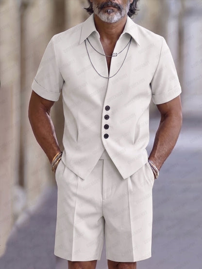 Heren Zomerset Korte Mouw Shirt met Vest en Shorts Wit
