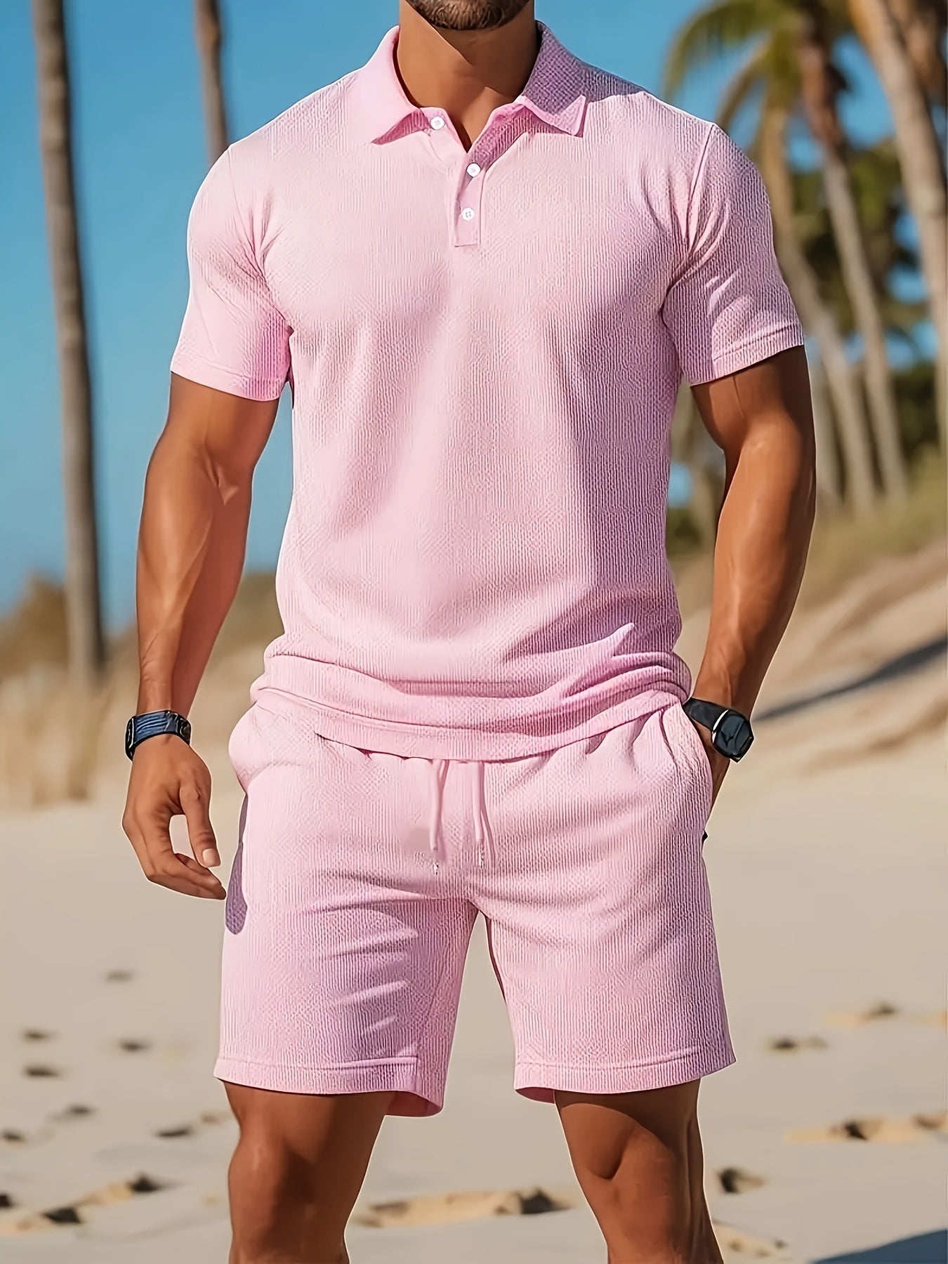 Heren Zomerset Polo Korte Mouw met Shorts en Knoopsluiting Roze