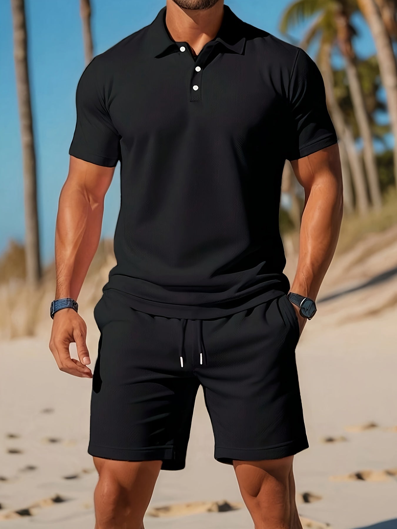 Heren Zomerset Polo Korte Mouw met Shorts en Knoopsluiting Zwart
