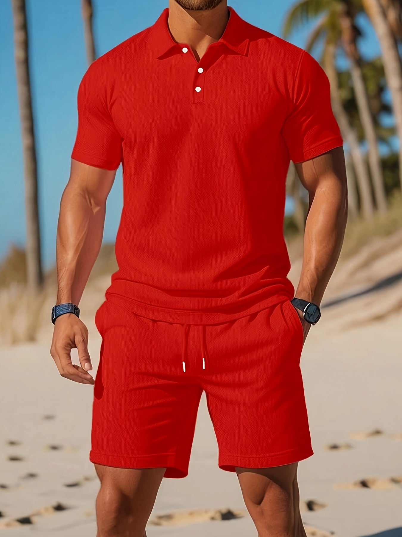 Heren Zomerset Polo Korte Mouw met Shorts en Knoopsluiting Rood