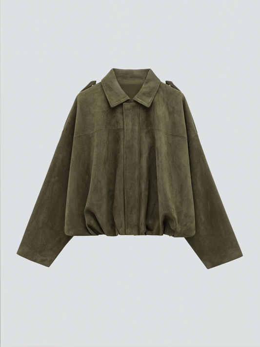 Dames Tussenjas Oversized met Knoopsluiting en Opstaande Kraag Olijfgroen