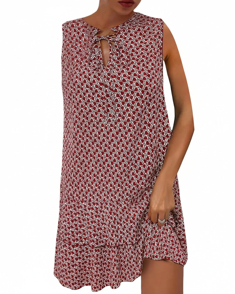 Mouwloze Jurk met Print en Strikdetail aan de Hals