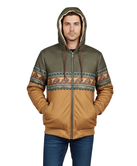 Heren Winterjas met Fleecevoering, Capuchon en Etnisch Patroon